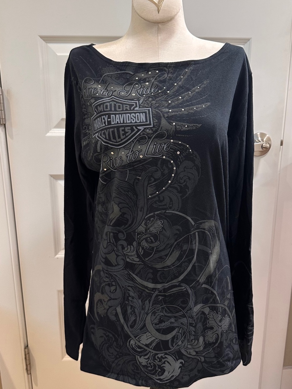 Harley Davidson Top Black Logo Ride To Live Pullover Tie Back Long Sleeve Sz XL